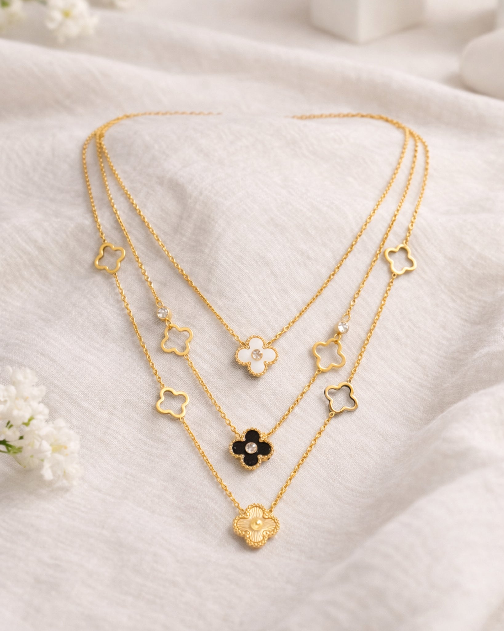 Flower 3 layer Waterdroplet Charm Anti Tarnish Necklace