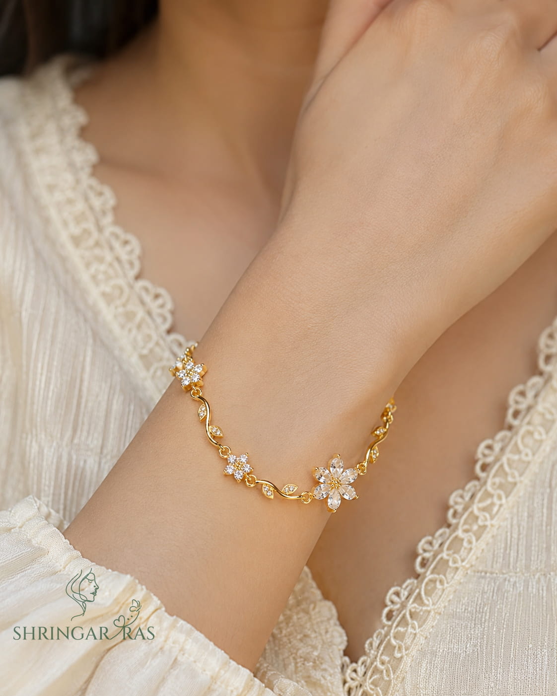 White CZ Crystal Flower Vine Charm Bracelet