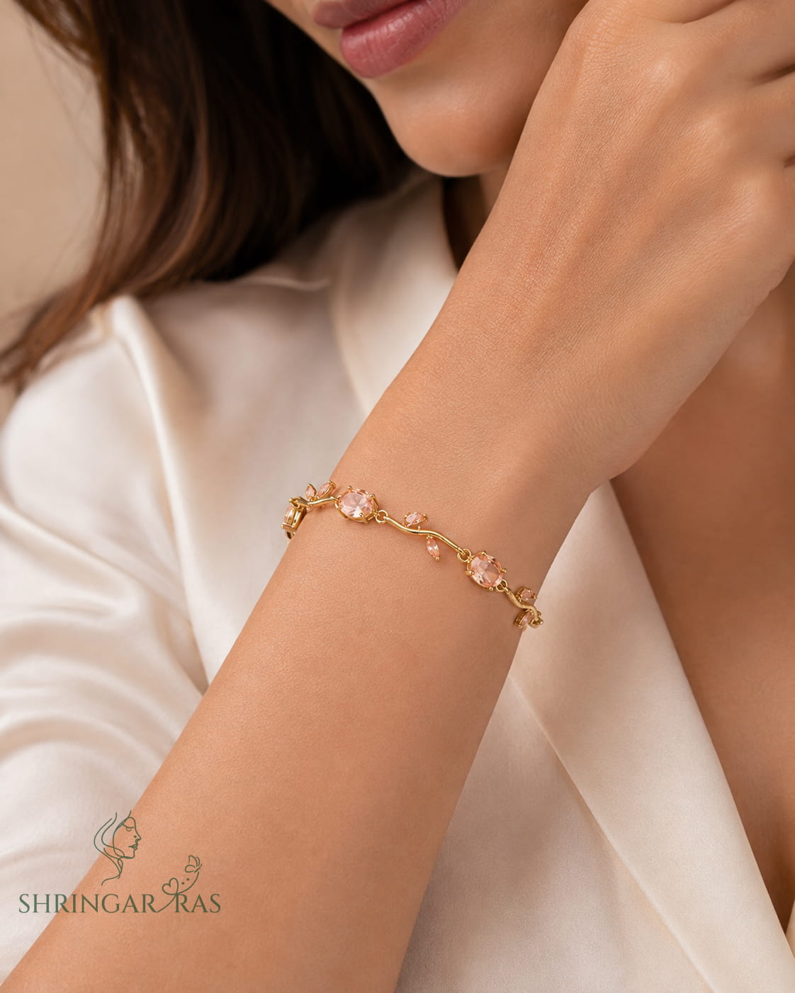 Peach Champagne Oval Crystal Vine Leaf Bracelet
