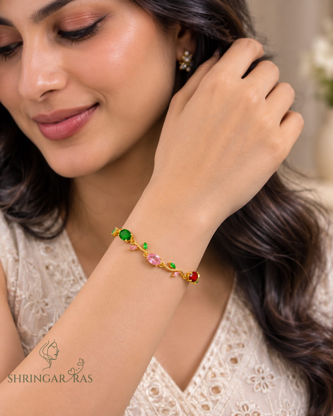 Multicolor Oval Crystal Vine Leaf Bracelet