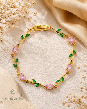 Pink Rose Oval Green Leaf Crystal Vine Bracelet