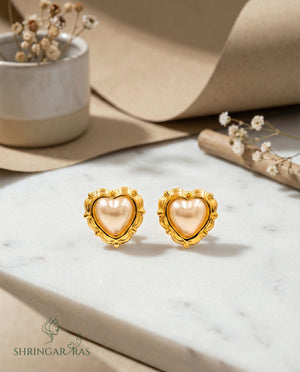 Heart with Pearl Stud Earrings - worn ear lifestyle view - Shringar Ras