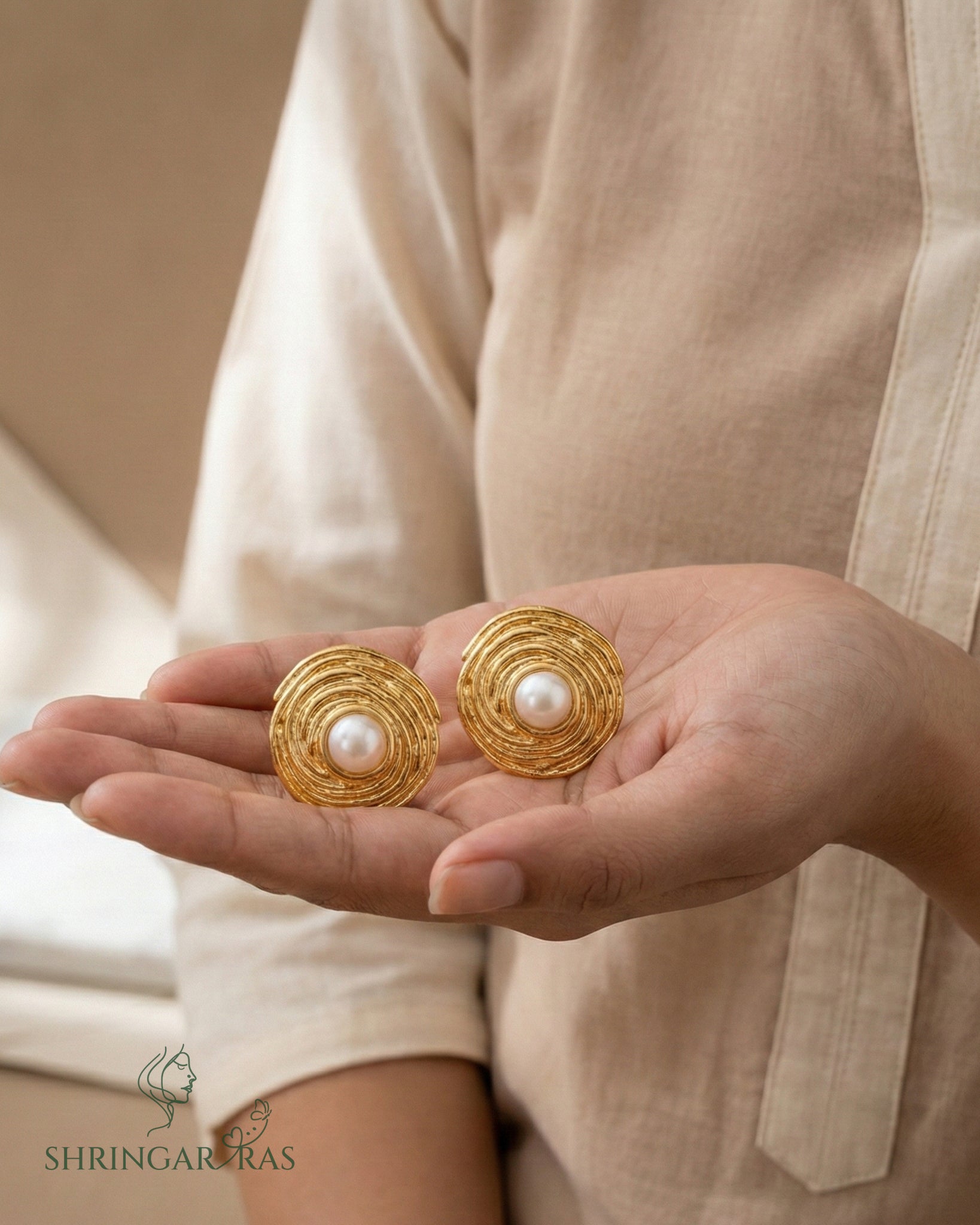 Spiral Circle with Pearl Studs Earrings