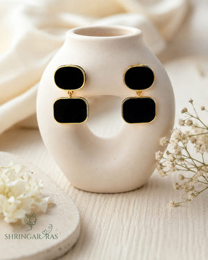 Double Rectangle Black Enamel Drop Earrings - product flat lay view - gold plated anti-tarnish - Shringar Ras