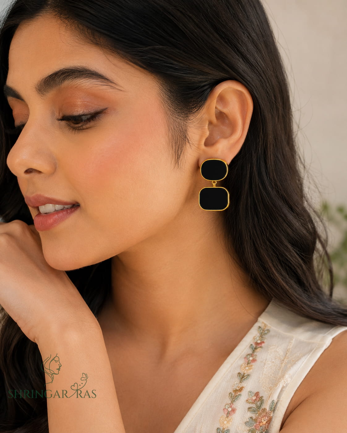 Double Rectangle Black Enamel Drop Earrings - worn on model ear - lifestyle view - Shringar Ras