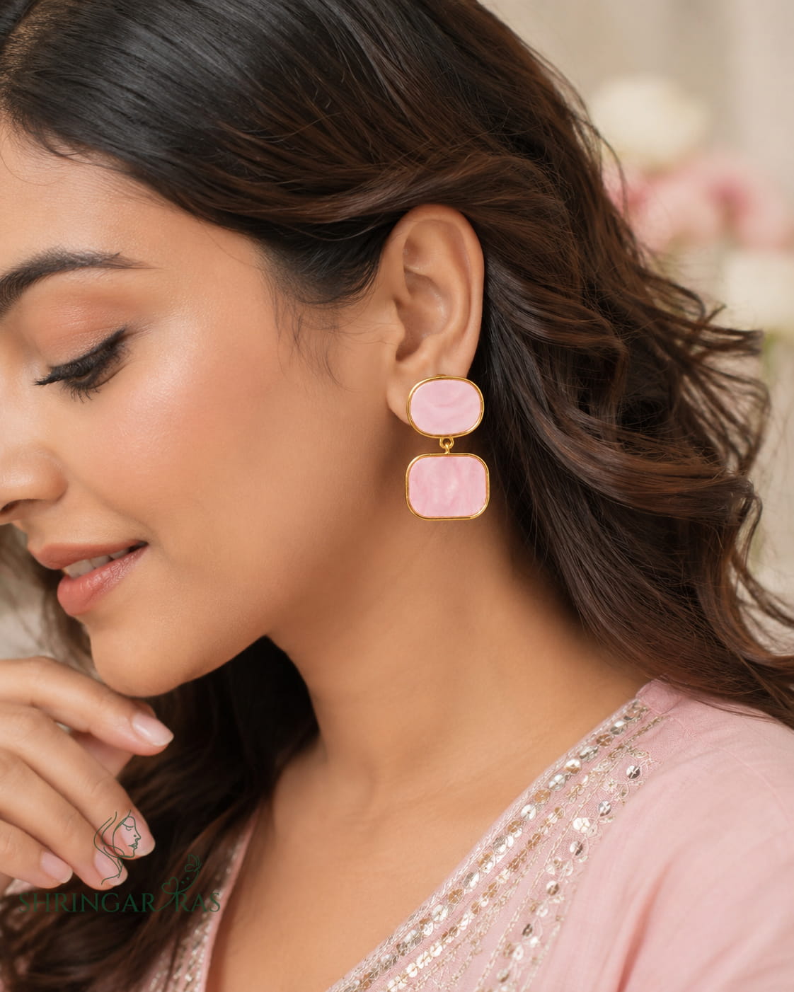 Double Rectangle Pink Marble Drop Earrings