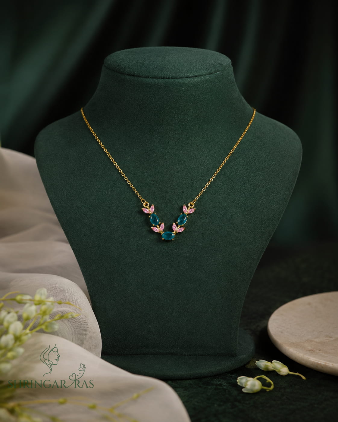 Teal Blue Oval Pink Crystal Leaf Pendant Necklace