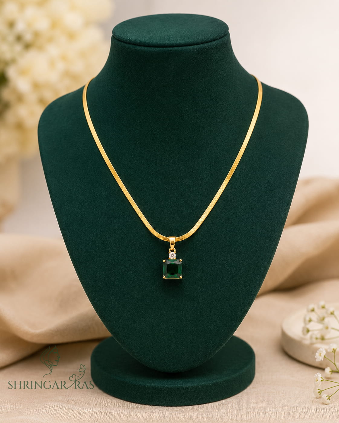 Emerald Green Cushion Cut Pendant Herringbone Chain Necklace