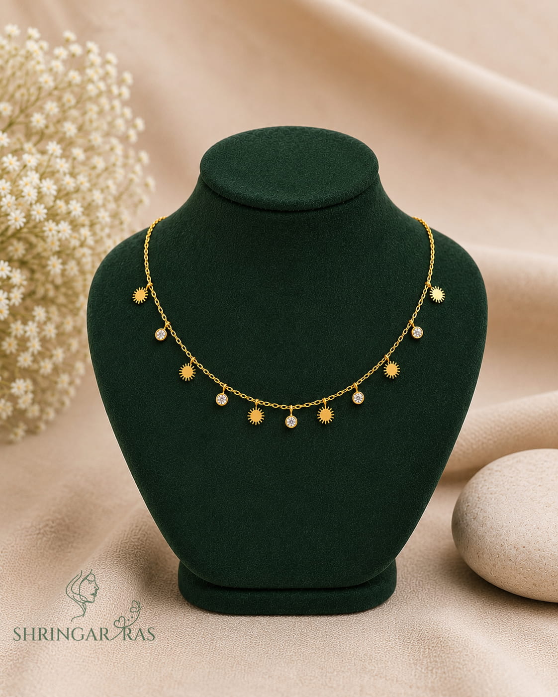 Sun Charm CZ Drop Choker Chain Necklace