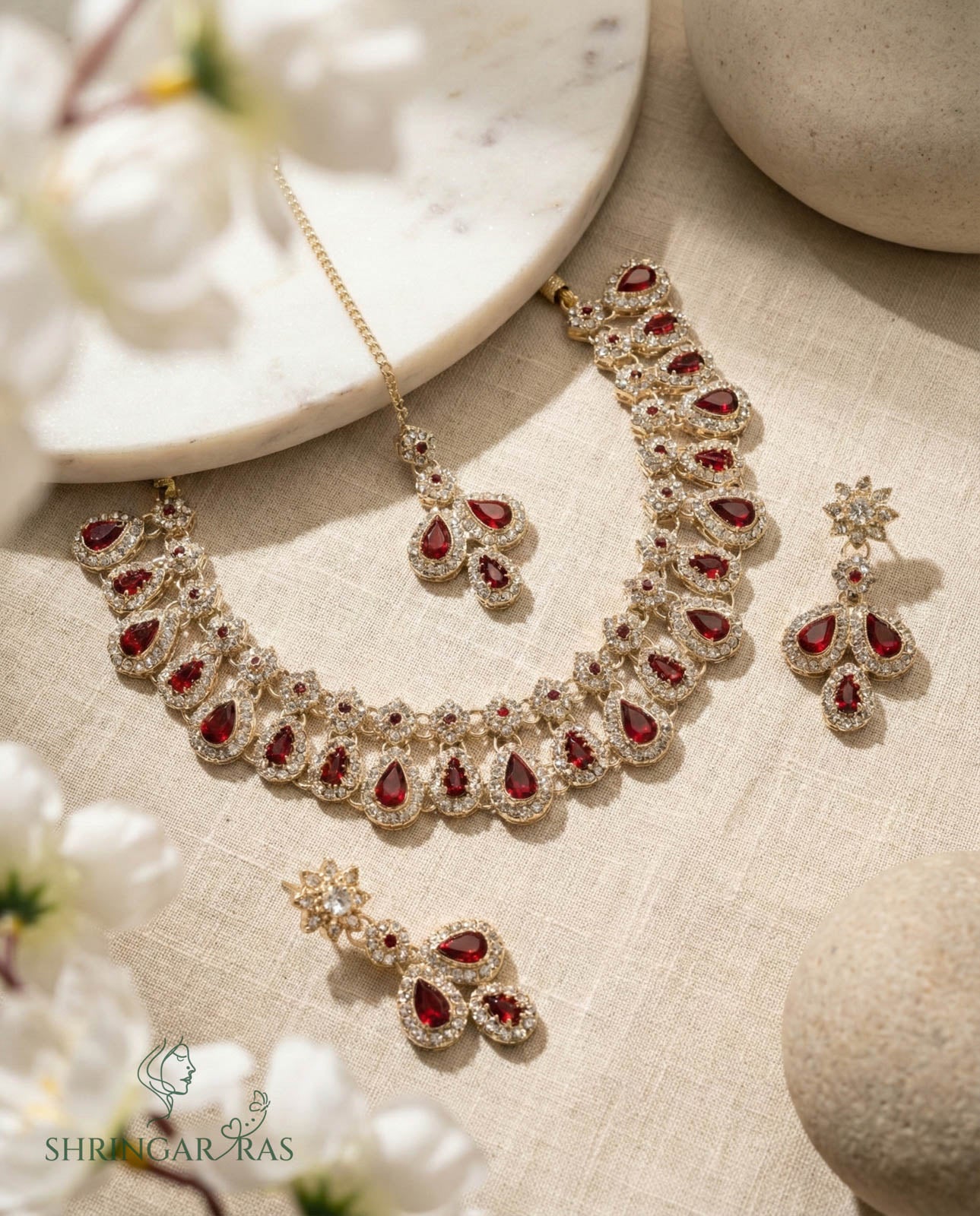 Emerald Red Stone AD Diamond Necklace Set With Mangtika