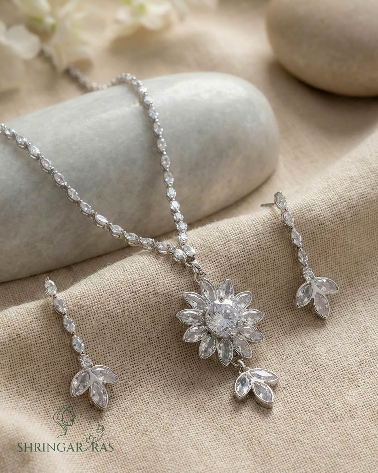 Twinkling Flower Rhodium Plated Studded Necklace Pendant Set