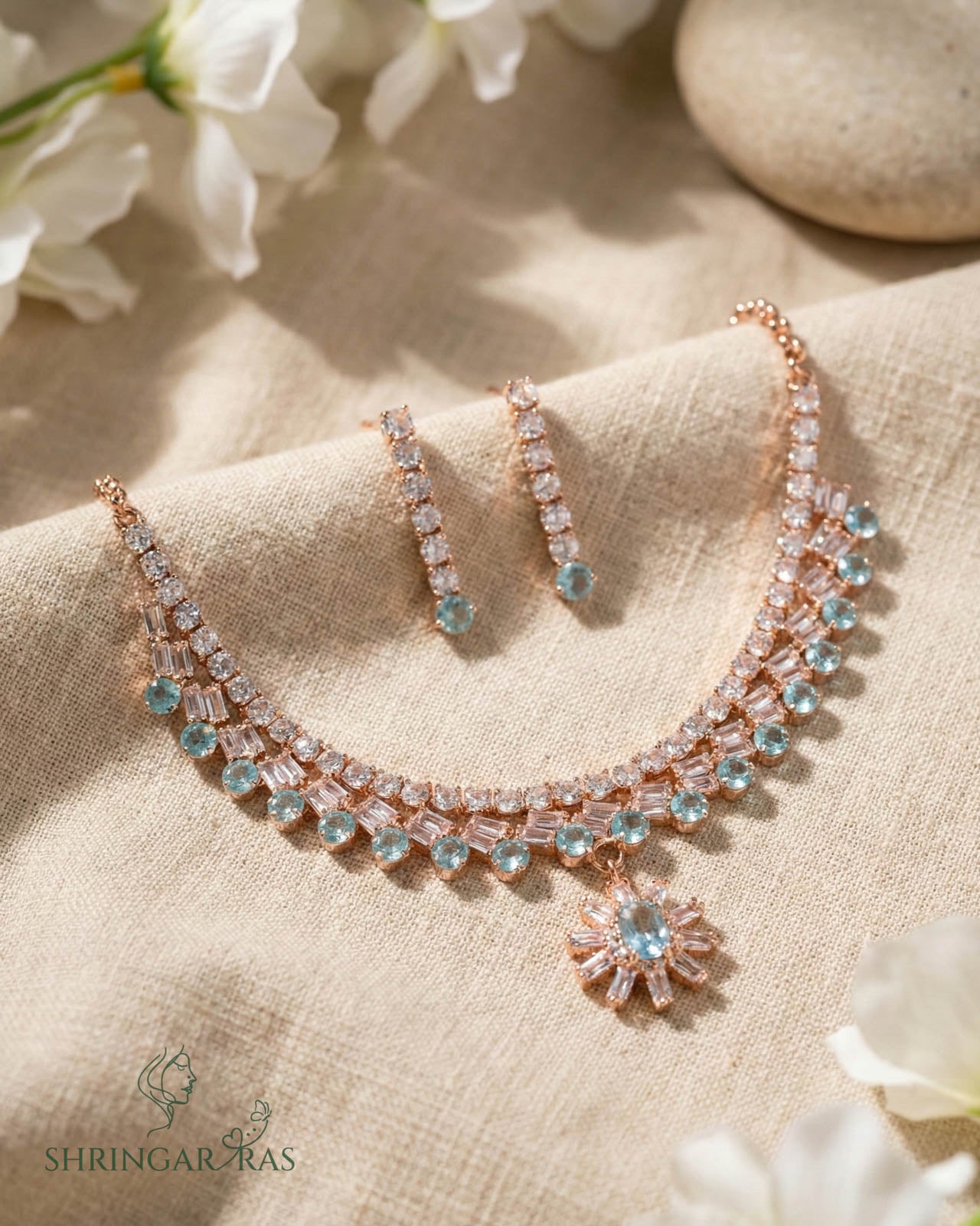 Blue Starburst Rose Gold Necklace Set
