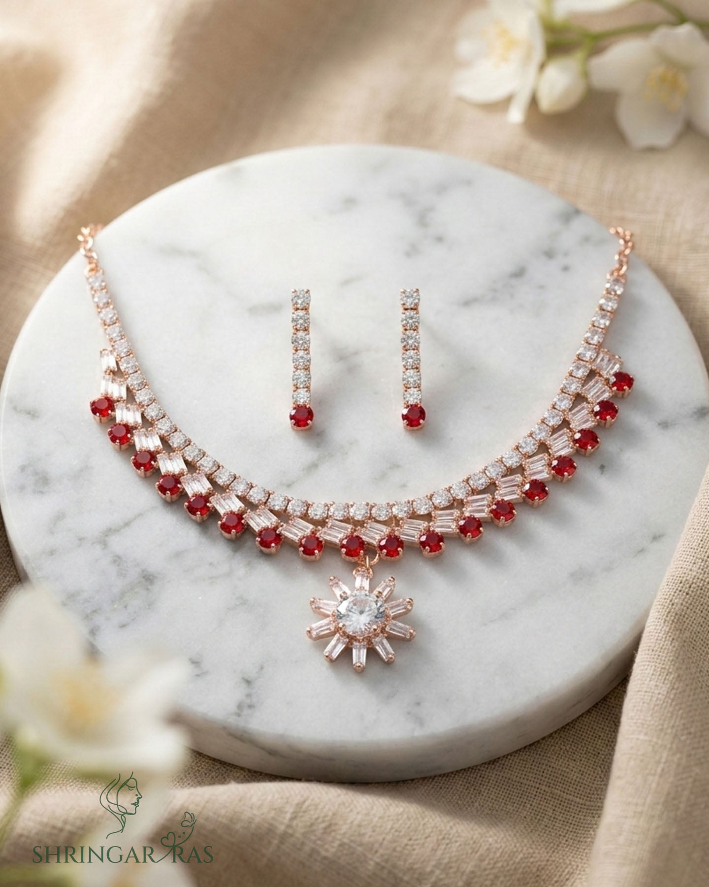Red Starburst Rose Gold Necklace Set