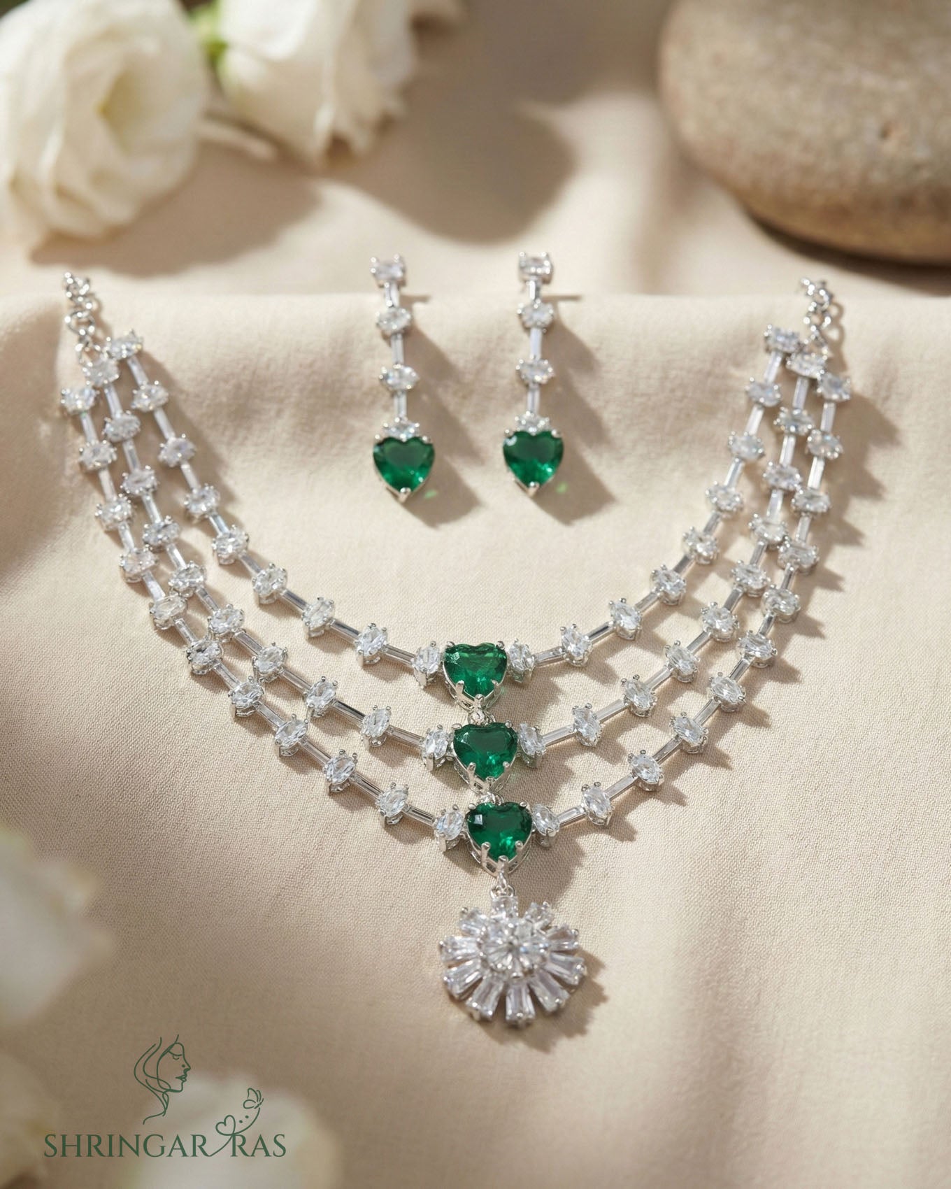 Green Radiance 3 Layer Rhodium Necklace Set
