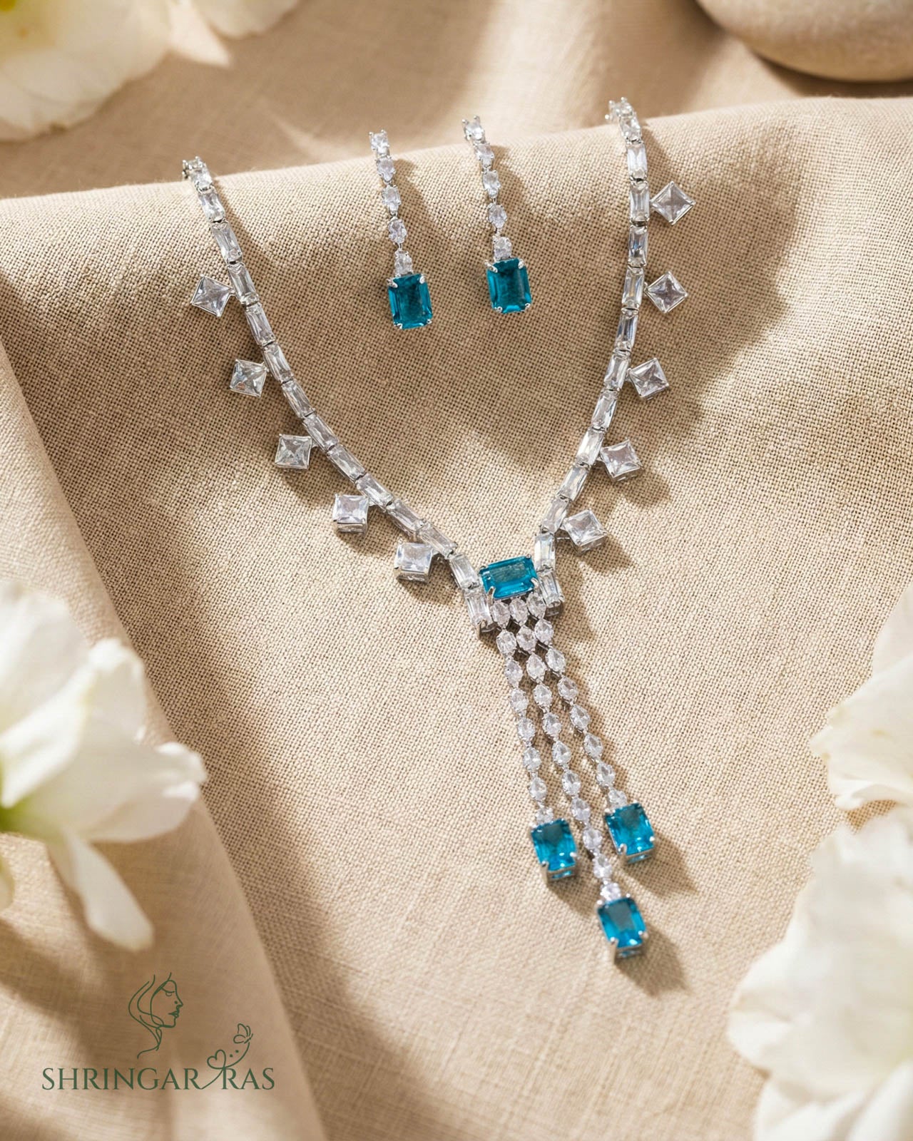 Emerald Blue Elegance Rhodium Plated Necklace Set
