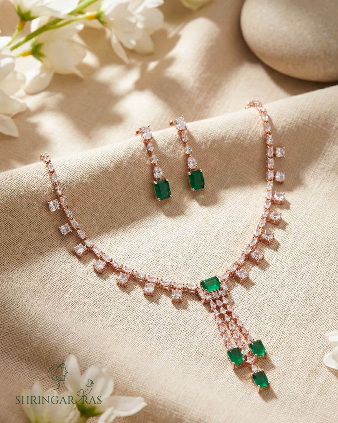 Emerald Green Elegance Rose Gold Necklace Set