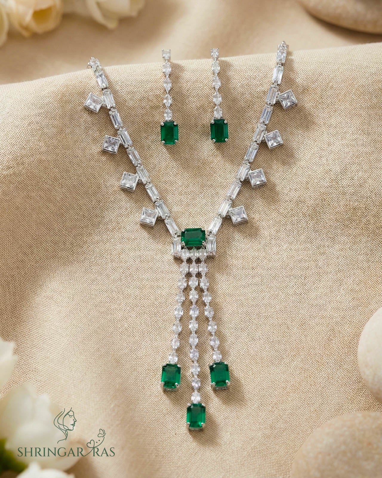 Emerald Green Elegance Rhodium Plated Necklace Set
