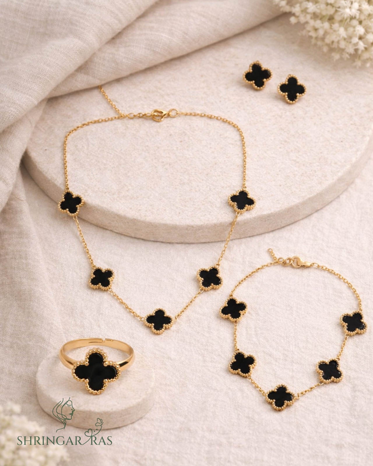 Black Flower Anti Tarnish Necklace Set with Rings