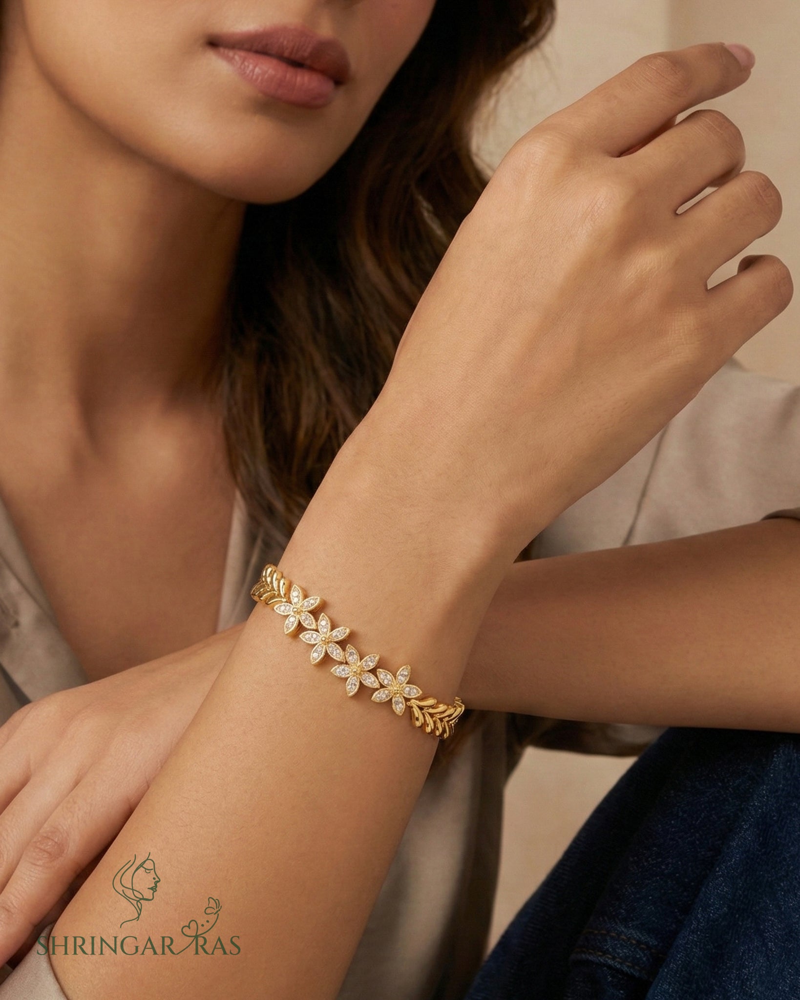Flower Leaf Chain Brass Bracelet