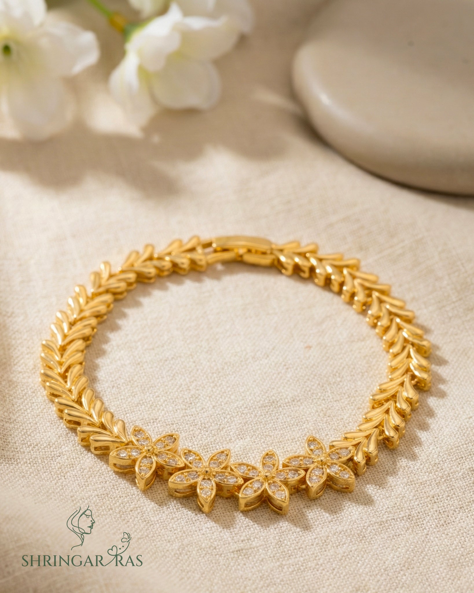 Flower Leaf Chain Brass Bracelet