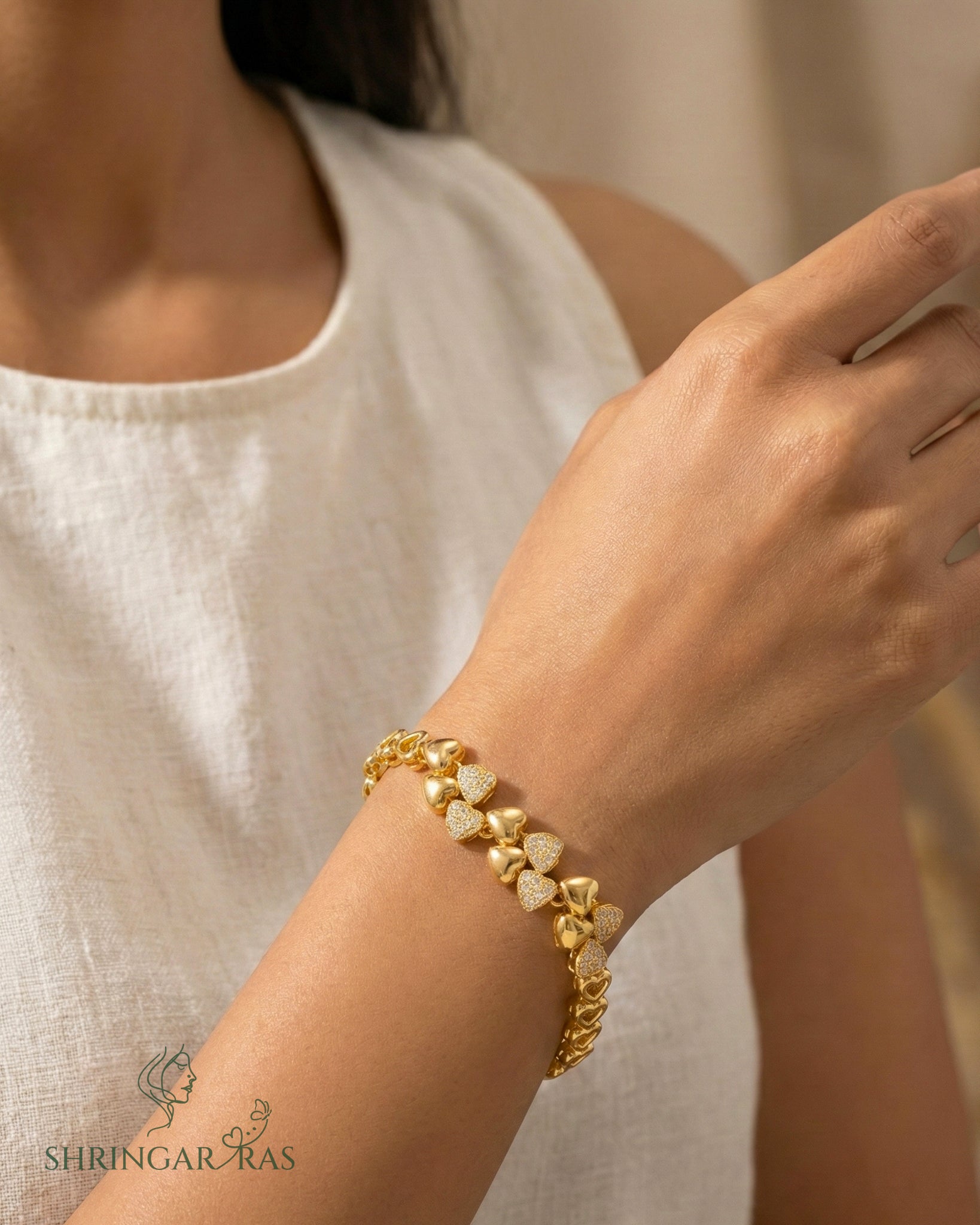 Sparkle Heart Chain Brass Bracelet