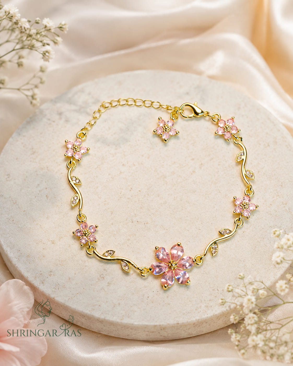 Pink Crystal Flower Vine Charm Bracelet