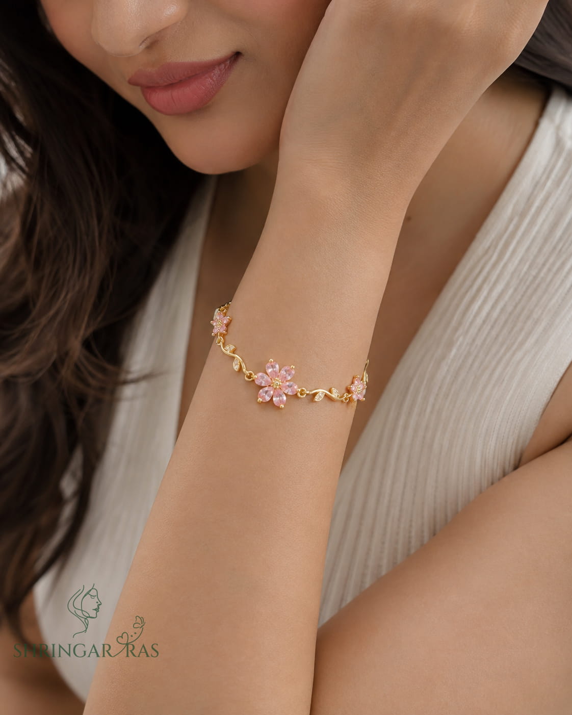 Pink Crystal Flower Vine Charm Bracelet