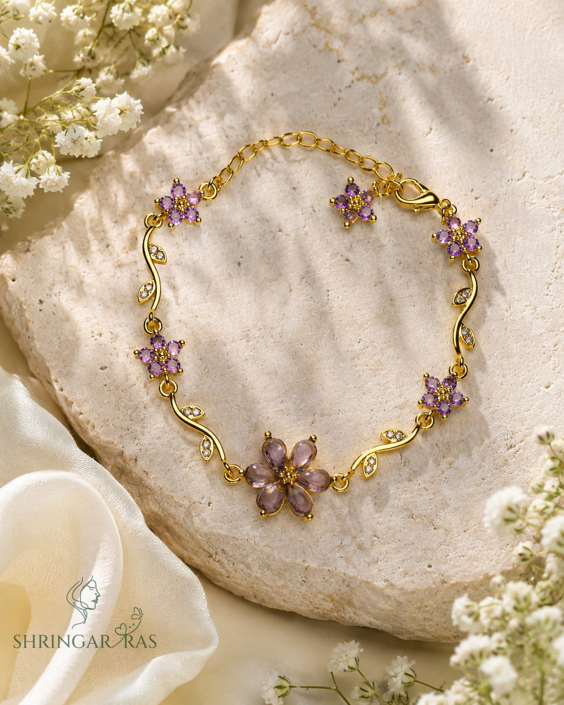 Purple Amethyst Crystal Flower Vine Charm Bracelet