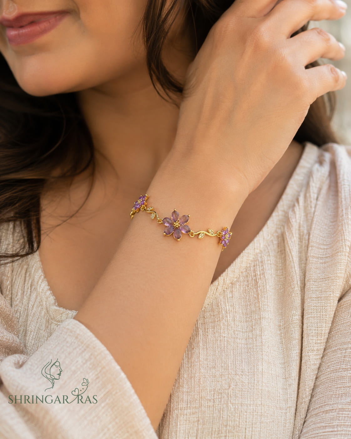Purple Amethyst Crystal Flower Vine Charm Bracelet