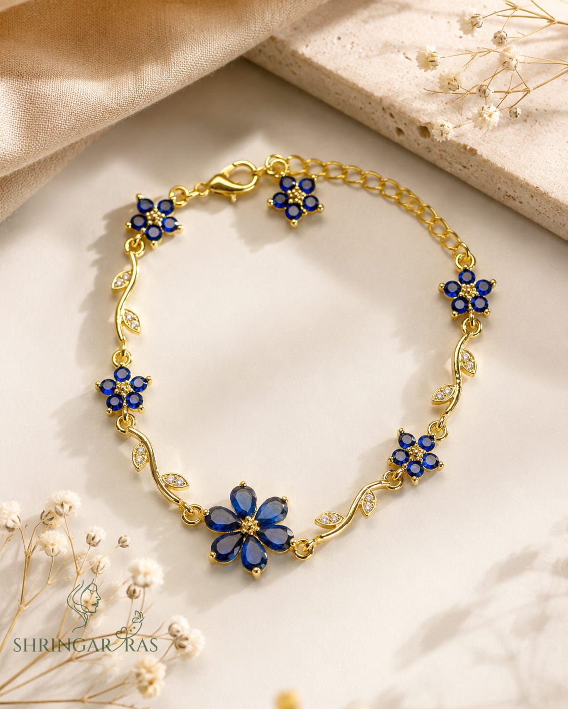 Navy Blue Sapphire Crystal Flower Vine Charm Bracelet