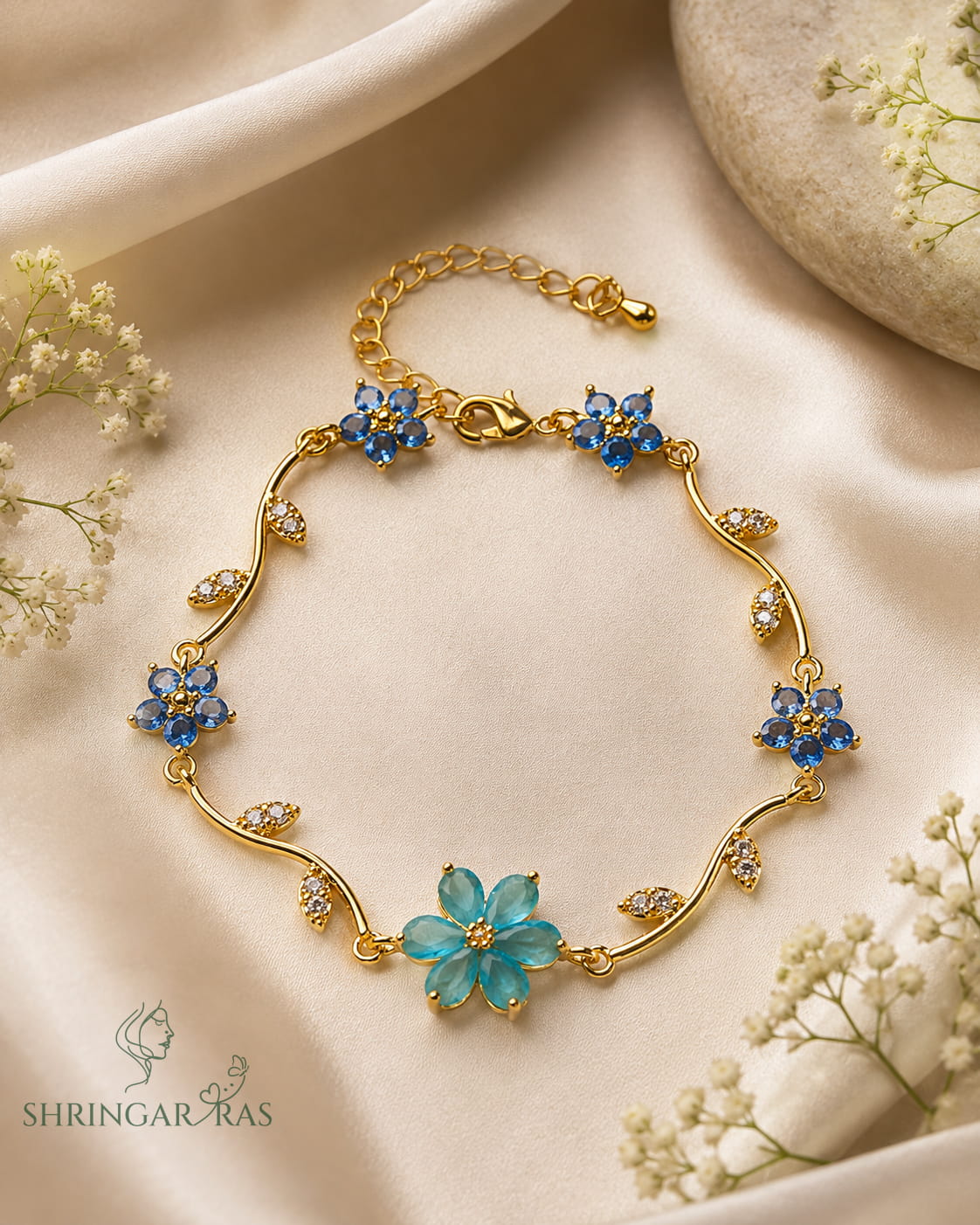 Teal Aqua Crystal Flower Vine Charm Bracelet