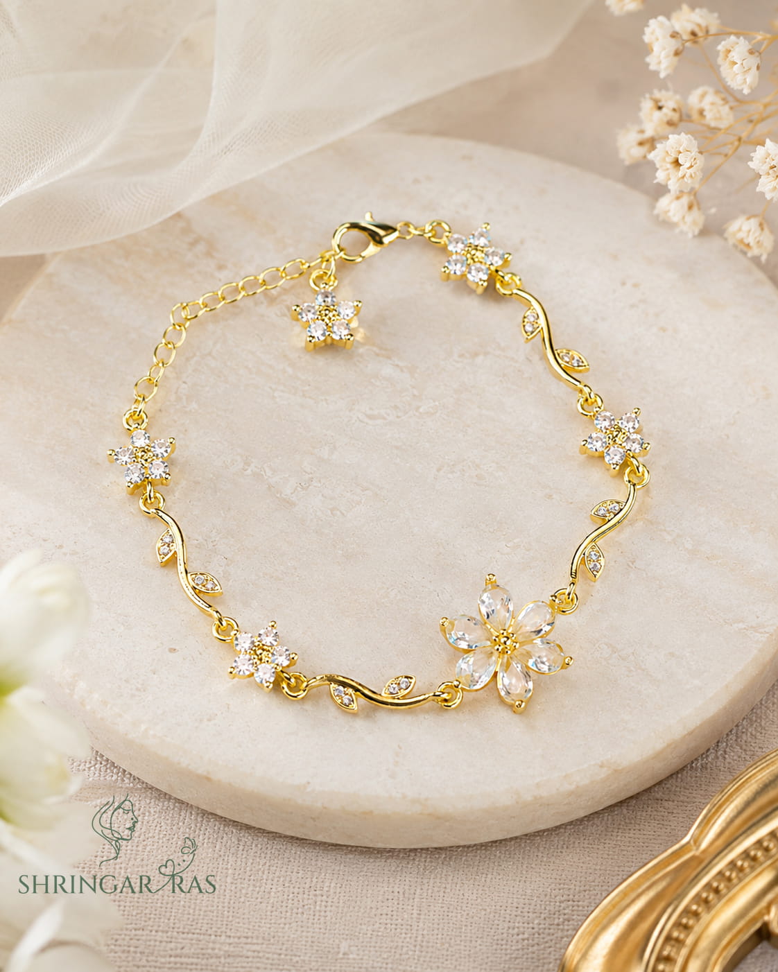 White CZ Crystal Flower Vine Charm Bracelet