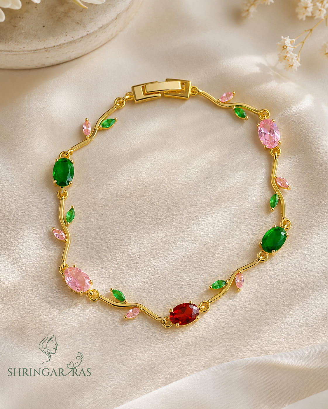 Multicolor Oval Crystal Vine Leaf Bracelet
