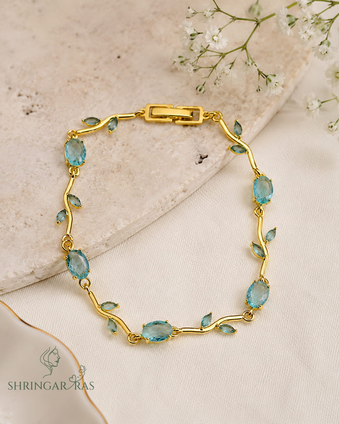 Aqua Blue Teal Oval Crystal Vine Leaf Bracelet