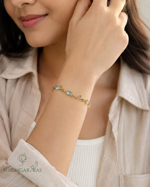 Aqua Blue Teal Oval Crystal Vine Leaf Bracelet