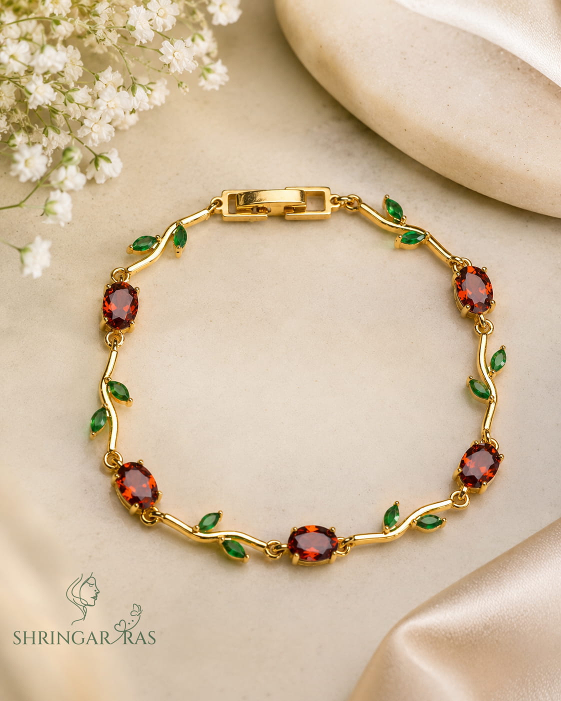Ruby Red Oval Green Leaf Crystal Vine Bracelet