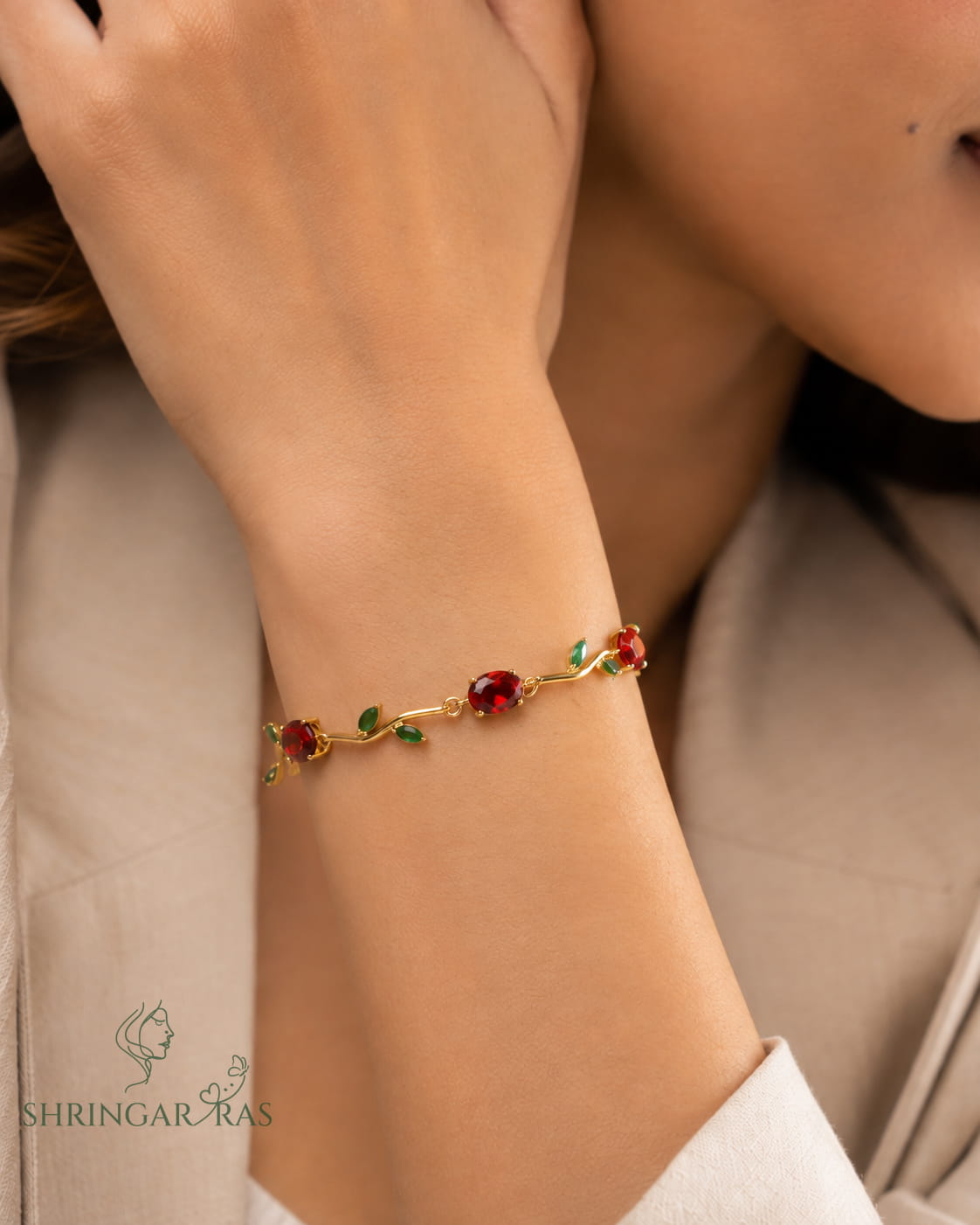 Ruby Red Oval Green Leaf Crystal Vine Bracelet