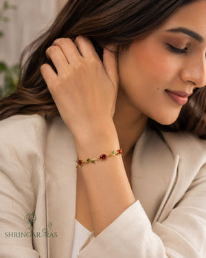 Ruby Red Oval Green Leaf Crystal Vine Bracelet