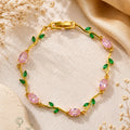 Pink Rose Oval Green Leaf Crystal Vine Bracelet