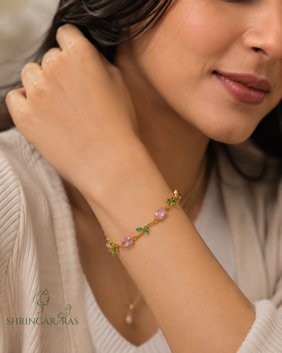 Pink Rose Oval Green Leaf Crystal Vine Bracelet