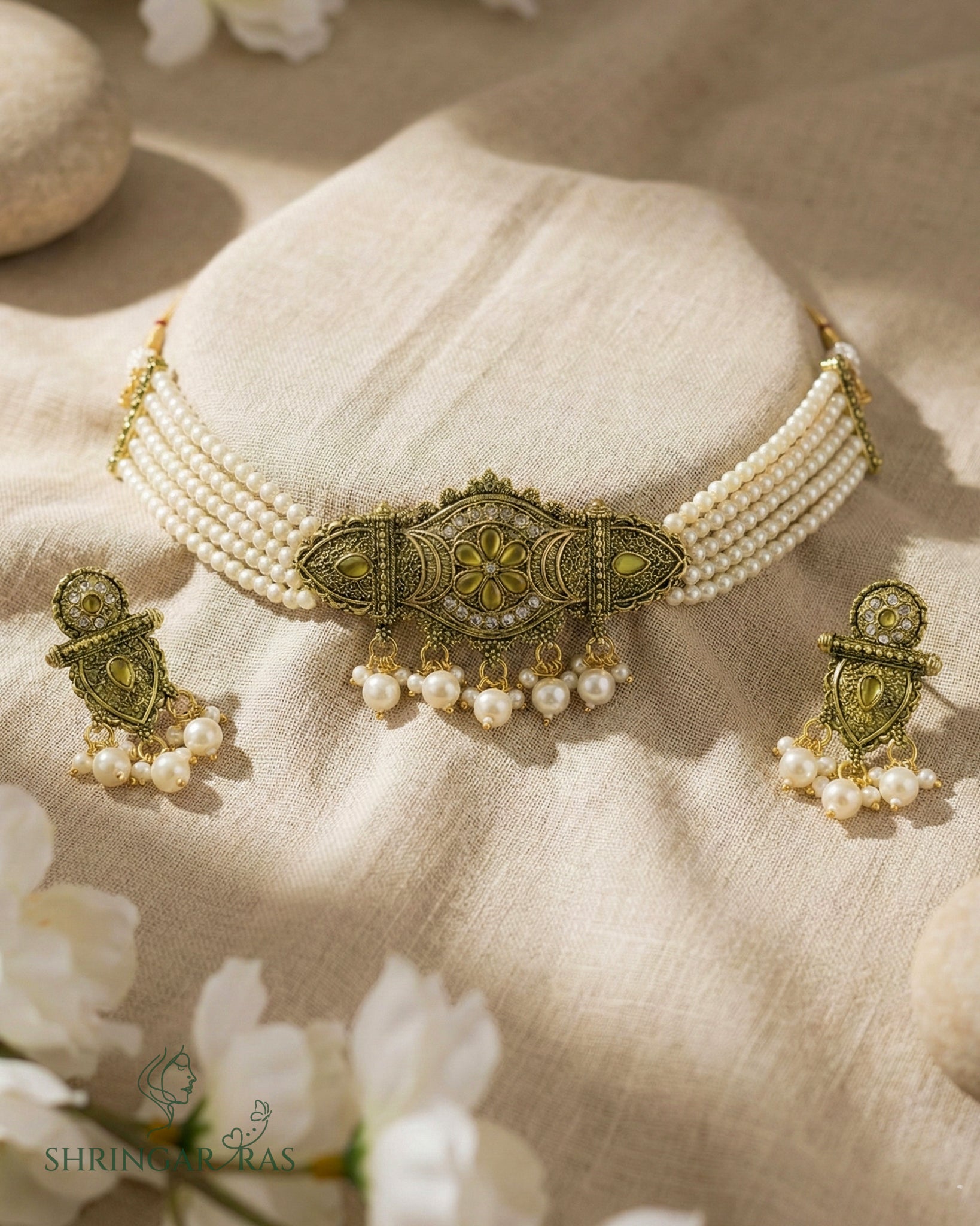 Traditional Rajwadi Pearl Choker Necklace Set