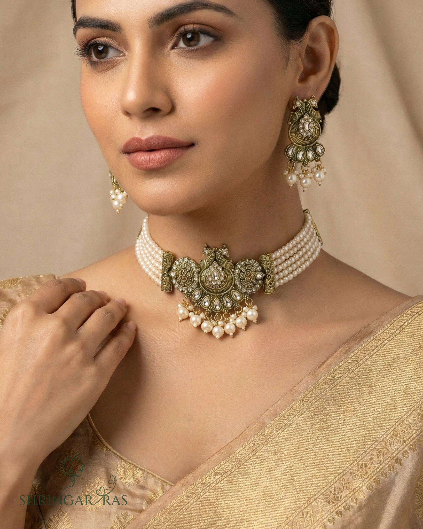 Traditional Peacock Pearl Choker Necklace Set