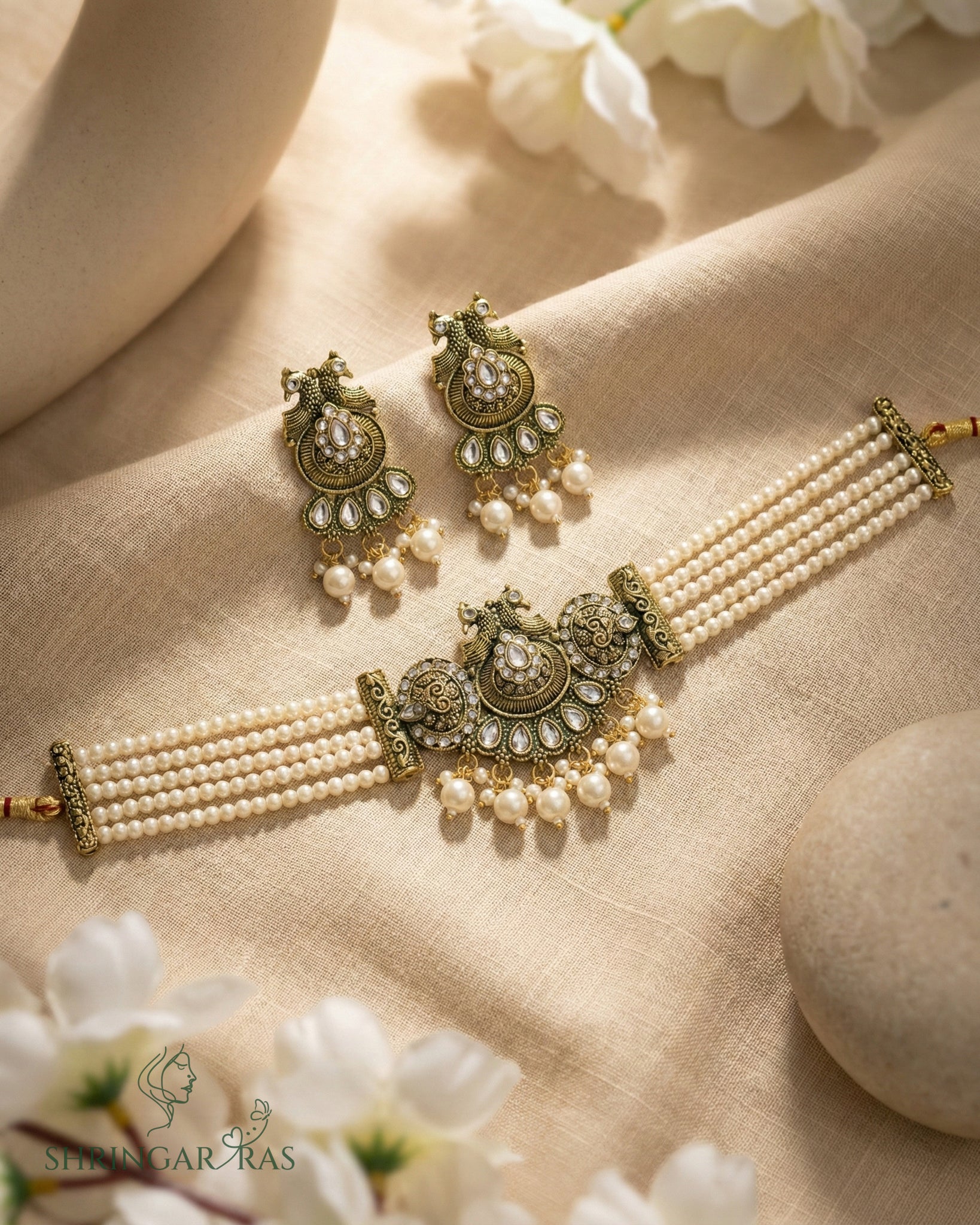 Traditional Peacock Pearl Choker Necklace Set
