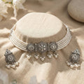 Traditional Hexagon Silver Pearl Choker Necklace Set