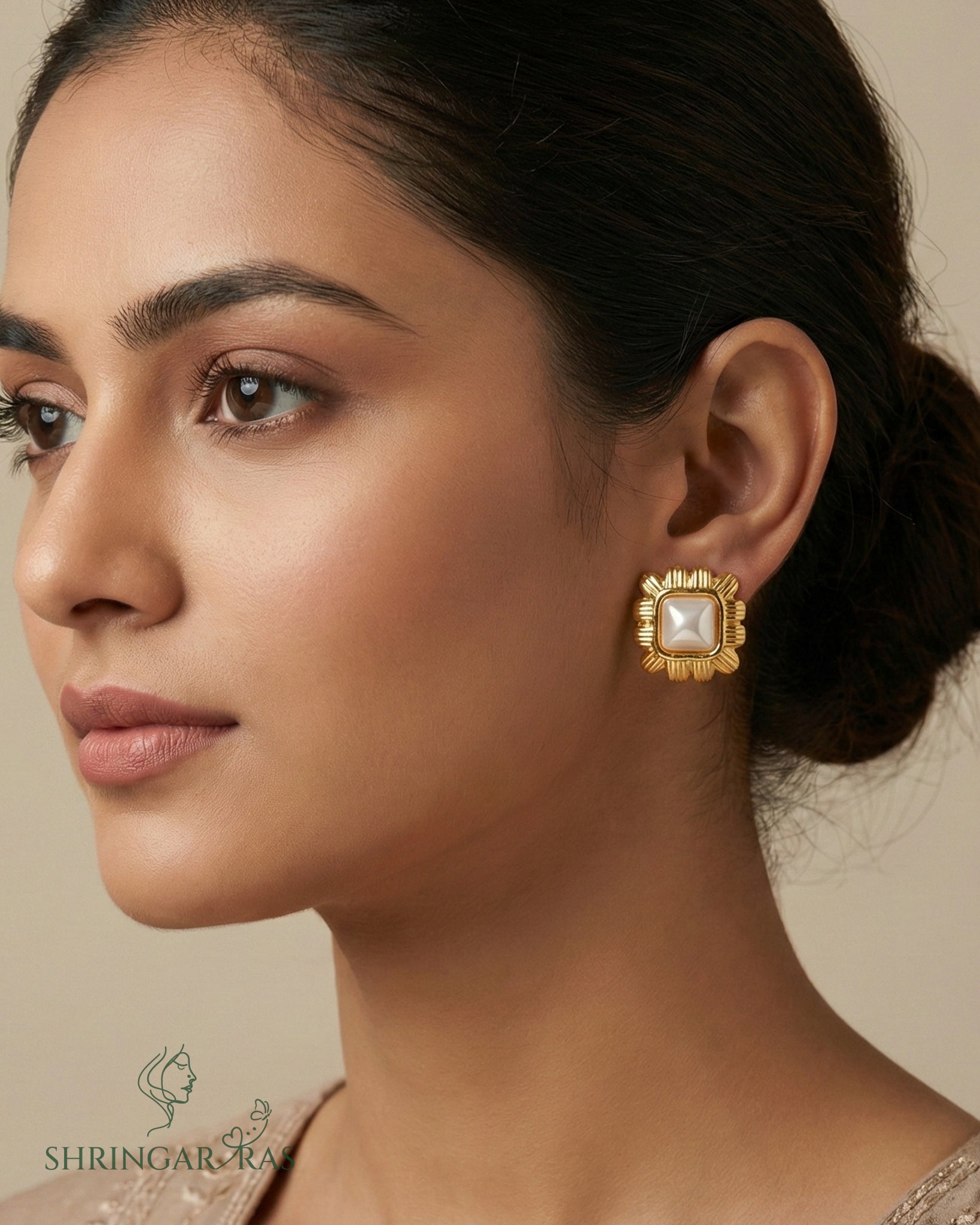 Square with Pearl Studs Earrings