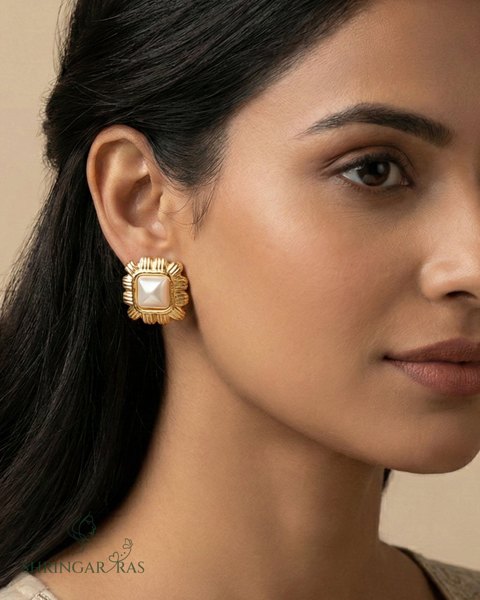Square with Pearl Studs Earrings