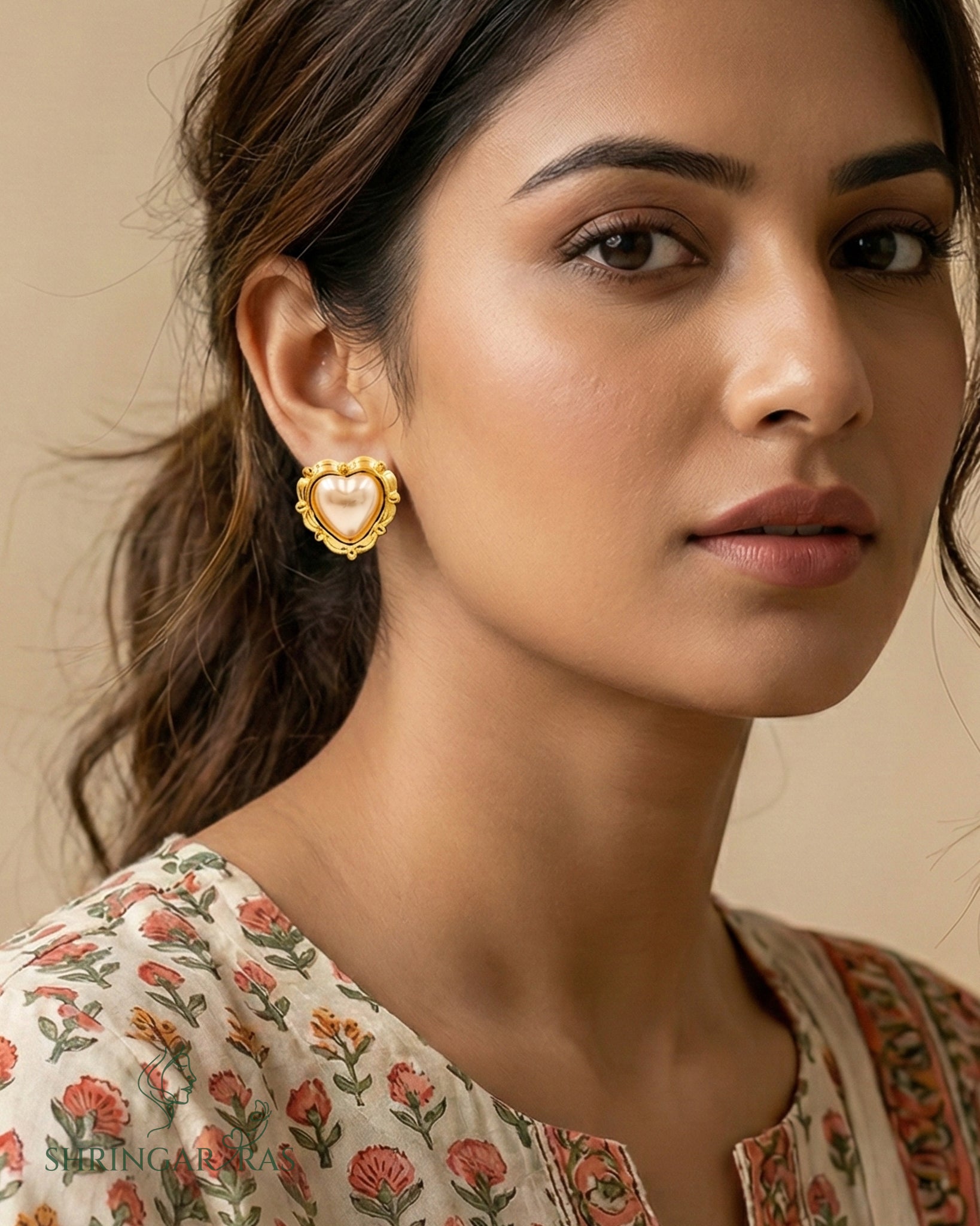 Heart with Pearl Studs Earrings