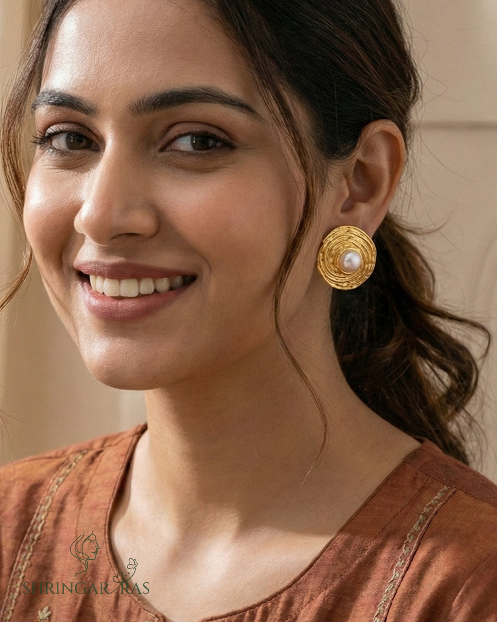 Spiral Circle with Pearl Studs Earrings