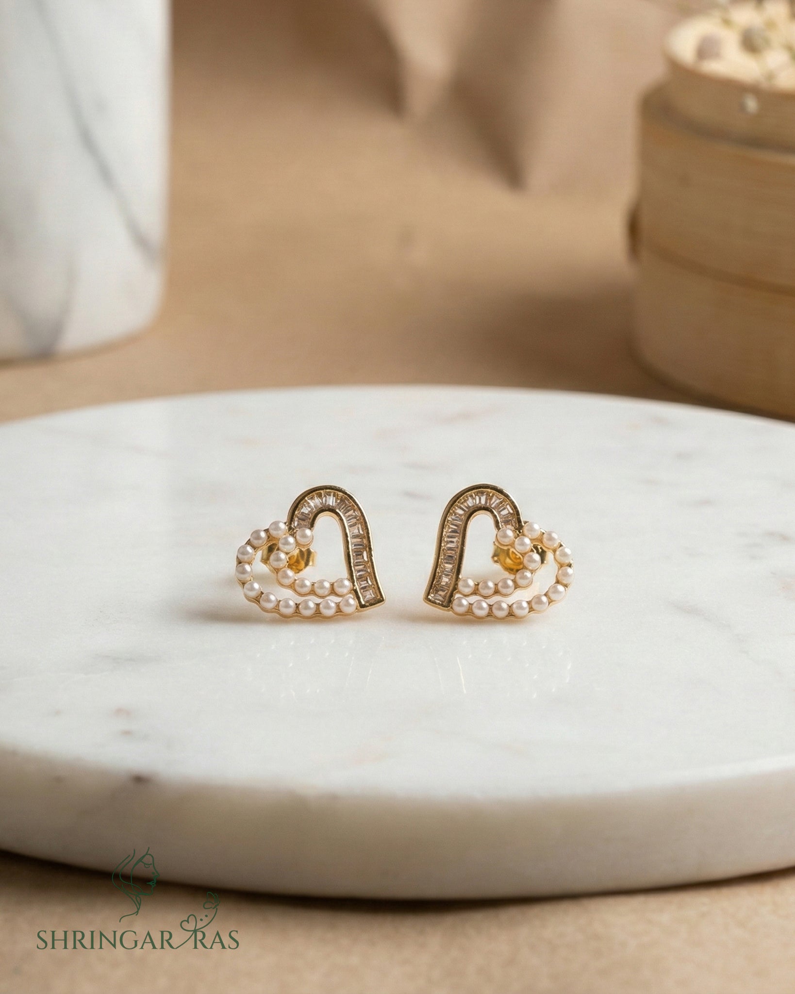 Heart with Half Pearl Diamond Studs Earrings