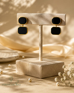 Double Rectangle Black Enamel Drop Earrings - display stand view - black and gold geometric earrings - Shringar Ras